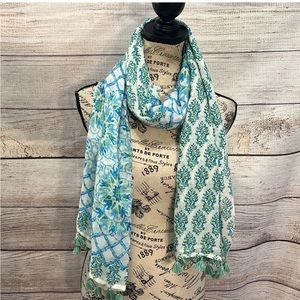 J. McLaughlin | NWT | Postcard Scarf with Tassels  Blue & White | One Size